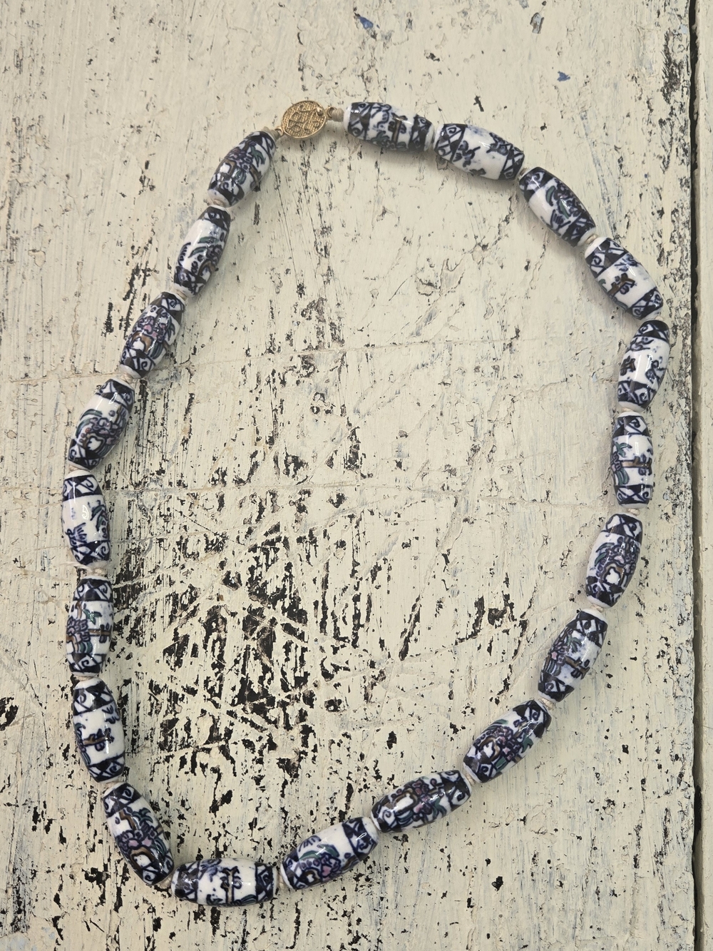 Vintage Asian Porcelain Beaded Necklace Blue White Floral Barrel Beads 19"